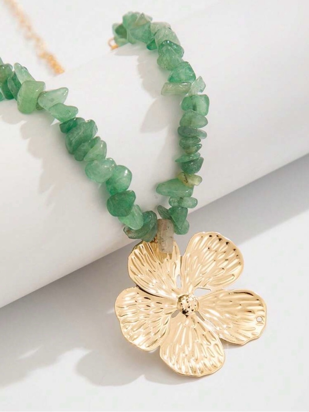 Gold Flower Pendant Necklace with Green Beads - Women Jewelry